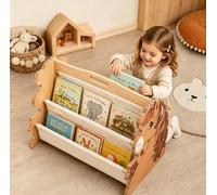 Bibliothèque Enfant Montessori Petite, Étagère Livres Bois Double Face | 4 Pochettes en Tissu, 42,5×32,5 cm avec Poignée, Coins Arrondis pour 1-6 Ans