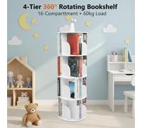 Bibliothèque et rangement pour livres - Rotation à 360° - 4 niveaux - 16 compartiments - De forme ronde - Autoportante - Capacité de charge : 60 kg - Blanc