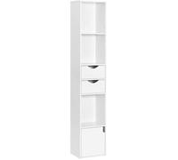 WOLTU Bibliothèque Étagère Colonne, Bibliothèque Verticale avec 3 Compartiments Ouverts, 2 Tiroirs et 1 Casier, Meuble de Rangement au Sol avec Étagère Réglable, Blanc, 30x24x158cm