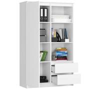 Bibliothèque / Etagères et armoires de bureau, 80x180 cm, avec 7 compartiments, 1 porte et 2 tiroirs, Blanc