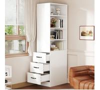 Bibliothèque Étroite 3 Tiroirs Latéraux et 4 Niches, 2 Étagères Réglables - BEAUNIV - pour Petit Espace, Blanc, 60×38×180 cm