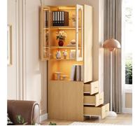 Bibliothèque étroite avec vitrine verre trempé, LED réglable, 3 tiroirs latéraux, MDF décor chêne 60x40x200 cm Grjofek