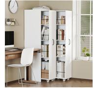 Bibliothèque extensible blanche sur roulettes en MDF, 2 modules indépendants, 4 étagères par module, réversible
