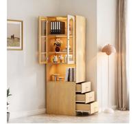 Bibliothèque haute en MDF effet chêne avec vitrine et tiroirs 60x40x200 cm - Design contemporain