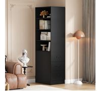 Bibliothèque haute étroite 180 cm noire avec 3 tiroirs latéraux et 4 niches ouvertes en panneaux de particules