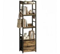 Bibliothèque - HOMCOM - 4 niveaux et tiroir - 8 crochets - cadre en métal - 39x26x136,5cm - brun rustique