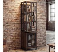 Bibliothèque HWC-P13, étagère sur pied, étagère pivotante, roulettes pivotantes, porte, métal industriel mélaminé MVG 162x40x42cm brun foncé