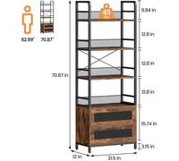 Bibliothèque Industrielle 4 Étagères avec Tiroirs - Étagère Rustique en Bois et Métal - 180 cm - Rangement Salon, Bureau, Chambre