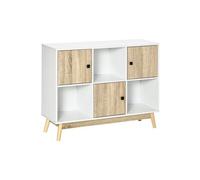 Bibliothèque meuble de rangement design scandinave 3 niches 3 portes panneaux particules blanc aspect chêne clair