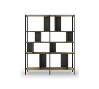 Bibliothèque, meuble étagère aspect bois coloris chêne et métal noir - Longueur 144 x Profondeur 35 x Hauteur 175 cm - -