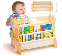 Bibliothèque Montessori Bois pour Enfant 43x34x28,3cm Bibliothèque Enfant Double Face Quatre Couches avec Poignée Rangement Livre Enfant 3-8 Ans Aménagement Open Bords Arrondis pour Chambres écoles