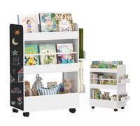 AIYAPLAY Bibliothèque pour Enfant avec roulettes, Rangement Livre Enfant avec Tableau Noir, Meuble de Rangement, étagère Chambre Enfant de 3 à 8 Ans pour Salle de Jeux, Chambre d'enfant, Blanc