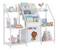 AIYAPLAY Bibliothèque pour Enfants à 3 Niveaux Motif Lion 93x30x76 cm Blanc | Étagère à Livres pour Enfants, Porte-Livres, Tiroir en Tissu, Meuble de Rangement, Chambre, Salle de Jeux