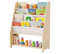 Bibliothèque pour enfants avec 4 poches en tissu, en bois naturel