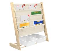 Bibliothèque pour enfants - Bibliothèque - 4 étagères - 3 poches - 2 bacs de rangement - Structure en bois - À monter - Design moderne - Beige