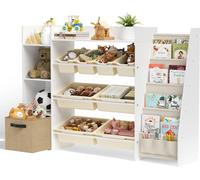Bibliothèque pour enfants et rangement pour jouets - Système 3 en 1 - 8 boîtes de rangement - Bibliothèque suspendue en tissu à 4 niveaux - Cadre en plastique - Multicolore