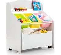 Bibliothèque pour enfants - Étagère à jouets - Compartiment à roulettes - 3 boîtes de rangement - Étagère ouverte - Bois - Blanc