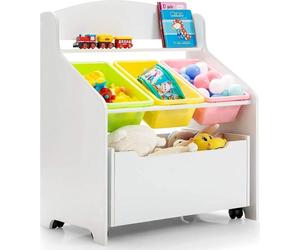 Bibliothèque pour enfants - Étagère à jouets - Compartiment à roulettes - 3 boîtes de rangement - Étagère ouverte - Bois - Blanc