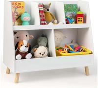 Bibliothèque pour enfants - Étagère avec 5 compartiments ouverts - Pieds en bois massif - Protection anti-basculement - Hauteur adaptée aux enfants - Blanc