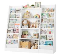 Bibliothèque pour enfants - Étagère sur pied à 14 compartiments - Étagère de rangement en bois pour chambre d'enfant - 129,5 x 35 x 120 cm - Blanc