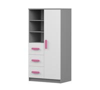 Bibliothèque pour enfants Jonas 05 - 80 cm, Gris/Blanc avec poignées roses, 3 tiroirs & 1 porte