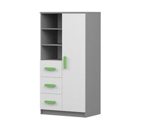 Bibliothèque pour enfants Jonas 05 - 80 cm, Gris/Blanc avec poignées vertes, 3 tiroirs & 1 porte