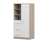 Bibliothèque pour enfants Jonas 05 - 80 cm, Sonoma/blanc avec poignées blanches, 3 tiroirs & 1 porte
