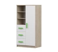 Bibliothèque pour enfants Jonas 05 - 80 cm, Sonoma/blanc avec poignées vertes, 3 tiroirs & 1 porte