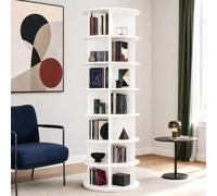 Bibliothèque Rotative 360°，7 Niveaux,59x59x161,8cm, Blanc | Tour à livres gain de place pour romans, mangas, BD, CD, DVD et déco, idéale pour salon, chambre, bureau et coin lecture