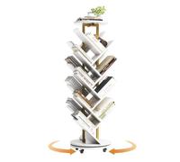 Bibliothèque rotative 360° 8 niveaux 17 compartiments avec roulettes - étagère arbre gain de place, Blanc