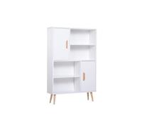 Bibliothèque scandinave 4 niches + 2 placards avec étagère dim. 80L x 24l x 123H cm pieds effilés inclinés bois massif panneaux particules blanc