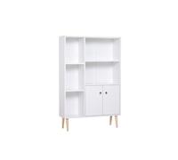 Bibliothèque scandinave dim. 80L x 23,5l x 123H cm 5 niches placard 2 portes pieds effilés inclinés bois massif panneaux particules blanc