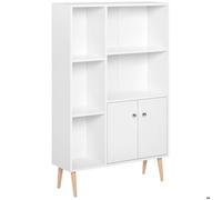 HOMCOM Bibliothèque scandinave dim. 80L x 23,5l x 123H cm 5 niches Placard 2 Portes Pieds effilés inclinés Bois Massif Panneaux Particules Blanc
