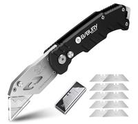 BIBURY Couteau universel, couteau pliant universel, cutter portable pour moquette, cutter avec 10 lames supplémentaires en acier inoxydable SK5, bouton de déverrouillage facile, clip de ceinture