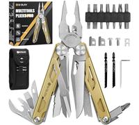 BIBURY Pince Multifonctions en Acier Inoxydable, Outil Multifonction avec Ciseaux, 2 Scie et de Tournevis Interchangeables, Multitool pour Extérieur, Camping, Idee Cadeau Homme Original - Or