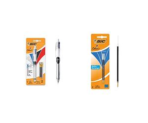 BIC 4 Couleurs 3+1 HB Stylo-Bille Rétractable et Porte-Mines, Blister de 1 + 12 Mines 0,7 mm HB & 4 Couleurs Recharges pour Stylo-Bille Pointe Moyenne (1,0 mm) - Bleu, Blister de 2