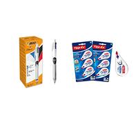BIC 4 Couleurs 3+1HB Stylos-Billes Rétractables et Porte-Mines (Pointe Moyenne de 1 mm/Mines 0,7 mm HB) - Boîte de 12 & Tipp-Ex Correction Mini Pocket Mouse Rubans Correcteurs - Lot de 2 Blisters de 3