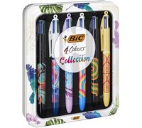 BIC 4 Couleurs Décors Messages ou Collection Botanique et Tie and Dye - Stylos-bille Pointe Moyenne (1,0 mm) - Designs Assortis Aléatoires, Rouge, Boîte Réutilisable de 6