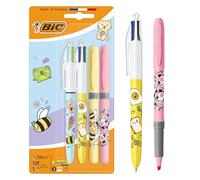 BIC 4 Couleurs Décors Série Kawaii Stylos-Bille Rétractables à Pointe Moyenne (1,0 mm) Encres Fantaisie de Couleur + BIC Highlighter Grip Décors Pointe Biseautée - Motifs Kawaii Assortis, Pack de 4