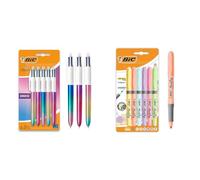 BIC 4 Couleurs Gradient, Stylo 4 Couleurs, Stylo à Bille Rétractable, Effet Métallisé & Highlighter Grip Pastel - Surligneurs à Pointe Biseautée Modulable - Couleurs Assorties