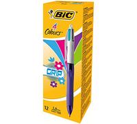 BIC 4 Couleurs Grip Stylos-Bille Rétractables Pointe Moyenne (1,0 mm) - Encres Fantaisie, Boîte de 12