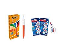 BIC 4 Couleurs Original Stylo-Bille Rétractable Pointe Fine (0,8 mm) - Boite de 12 & Tipp-Ex Correction Mini Pocket Mouse Rubans Correcteurs - Très Résistant - 6 m x 5 mm, Lot de 2 Blisters de 3