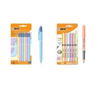 BIC 4 Couleurs Pastel - Stylos-Bille Pointe Moyenne (1,00 mm) - Couleurs Assorties, Pack de 6 & Highlighter Grip Pastel - Surligneurs à Pointe Biseautée Modulable - Couleurs Assorties, Blister de 6