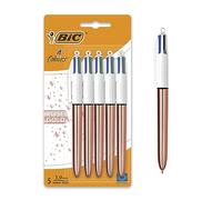 BIC 4 Couleurs Rose Gold, Stylo à Bille Rétractable, Stylo 4 Couleurs, Corps Or Rose Métallisé, Pointe Moyenne 1 mm, Lot de 5