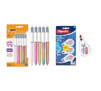 BIC 4 Couleurs Shine et Gradient, rétractables à Pointe Moyenne (1,0 mm) argenté, doré, rose & Tipp-Ex Mini Pocket Mouse Rubans Correcteurs 6m x 5 mm, Parfait pour l'Ecole et au Bureau