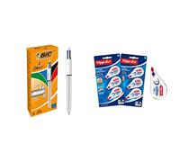 BIC 4 Couleurs Shine Stylos-Bille Rétractables Pointe Moyenne (1,0 mm) - Boîte de 12 & Tipp-Ex Correction Mini Pocket Mouse Rubans Correcteurs - 6 m x 5 mm, Lot de 2 Blisters de 3