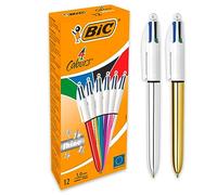 Stylo bille 4 couleurs Bic Shine rétractable pointe 1 mm - écriture moyenne - Boîte de 12 couleurs assorties