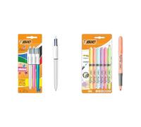 BIC 4 Couleurs Shine Stylos-Bille Rétractables Pointe Moyenne (1,0 mm) & Highlighter Grip Pastel - Surligneurs à Pointe Biseautée Modulable - Couleurs Assorties, Blister de 6