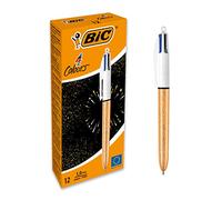 BIC Stylos-bille 4 Couleurs rétractables – Pointe moyenne 1,0 mm – Corps doré givré – Boîte de 12