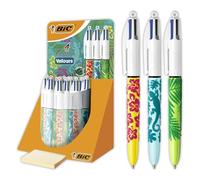 BIC 4 Couleurs Velours - Stylos-Bille Pointe Moyenne (1,0 mm) - Corps Assortis Motifs Jungle, Fleurs et Gecko, Tubo de 30